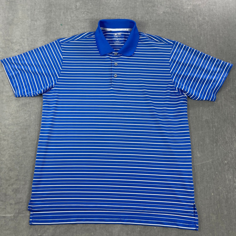 Adidas Mens Med Blue Striped Climalite Golf Polo Shirt Short Sleeve Performance